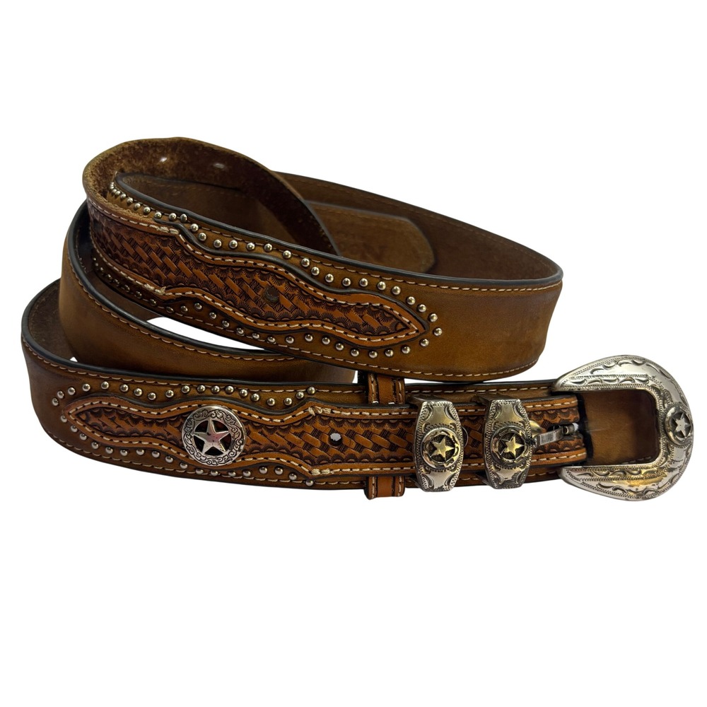 Nocona Mens Tan Leather Western Basketweave Star Concho Belt 46 N2491844